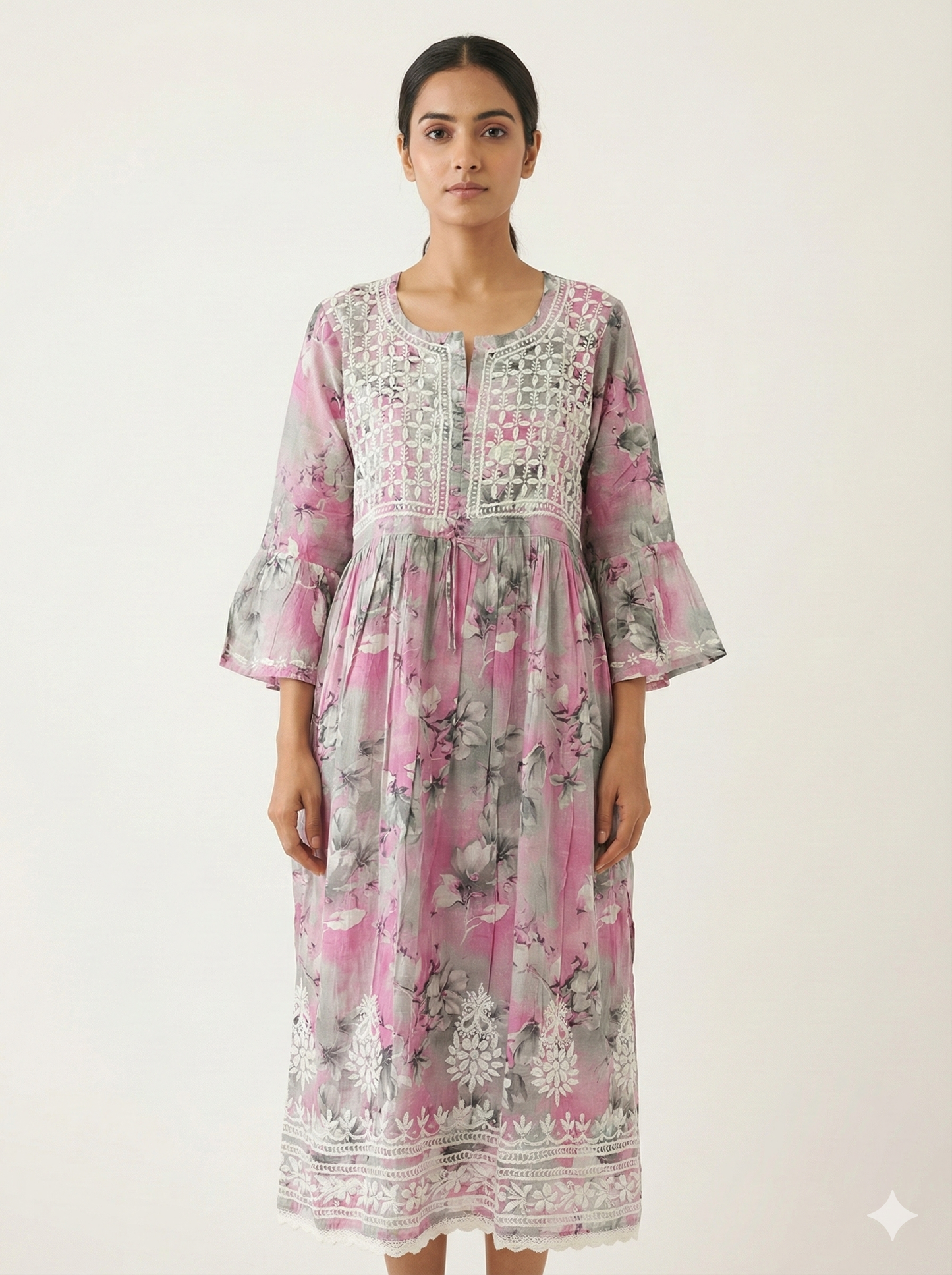 Lavender Peach Malmal Cotton Gown with Hand Embroidered Chikankari | Lucknow Best Chikankari