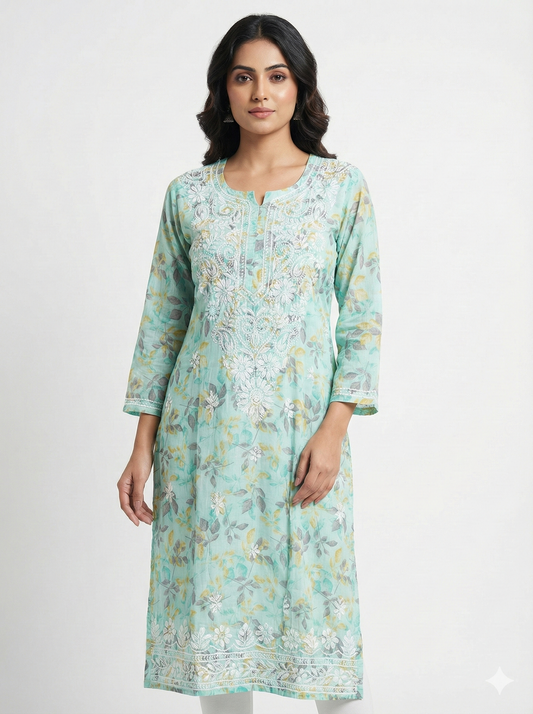 Aqua blue and yellow malmal Chikankari kurti front view