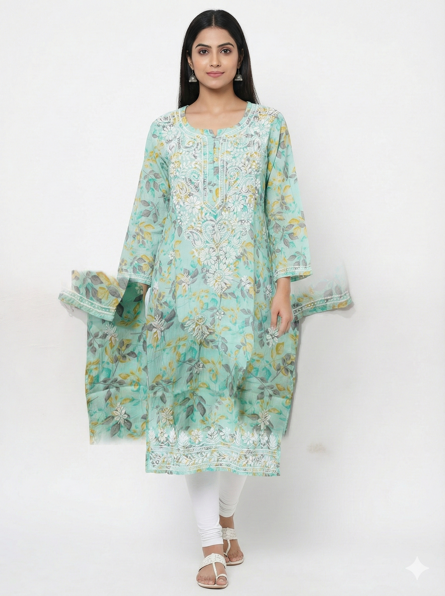 Aqua Blue & Yellow Floral Malmal Chikankari Kurti for Women – Hand Embroidered Lucknowi Kurti | LucknowBestChikankari
