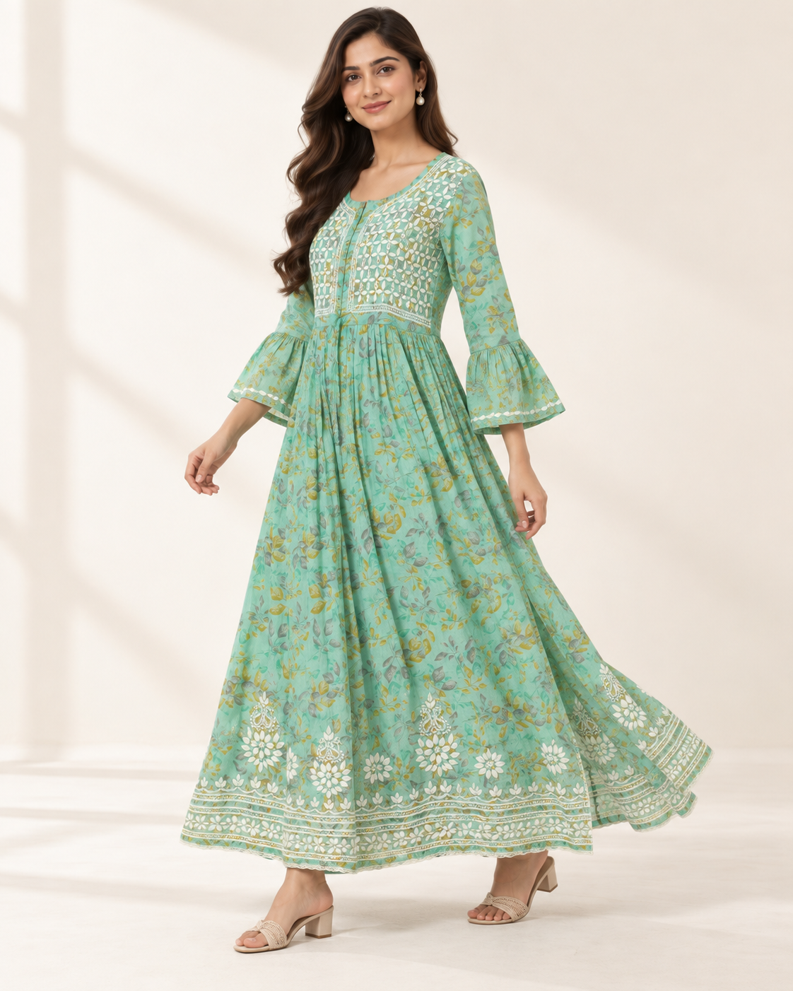 Mint Green Floral Malmal Chikankari Gown with Kurti-Style Side Slits