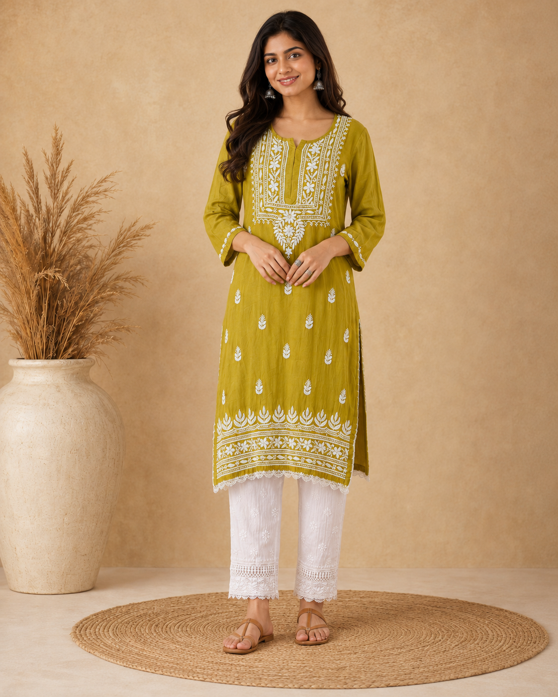 Olive Green Rayon Lucknowi Chikankari Kurti for Women – Handmade White Embroidery