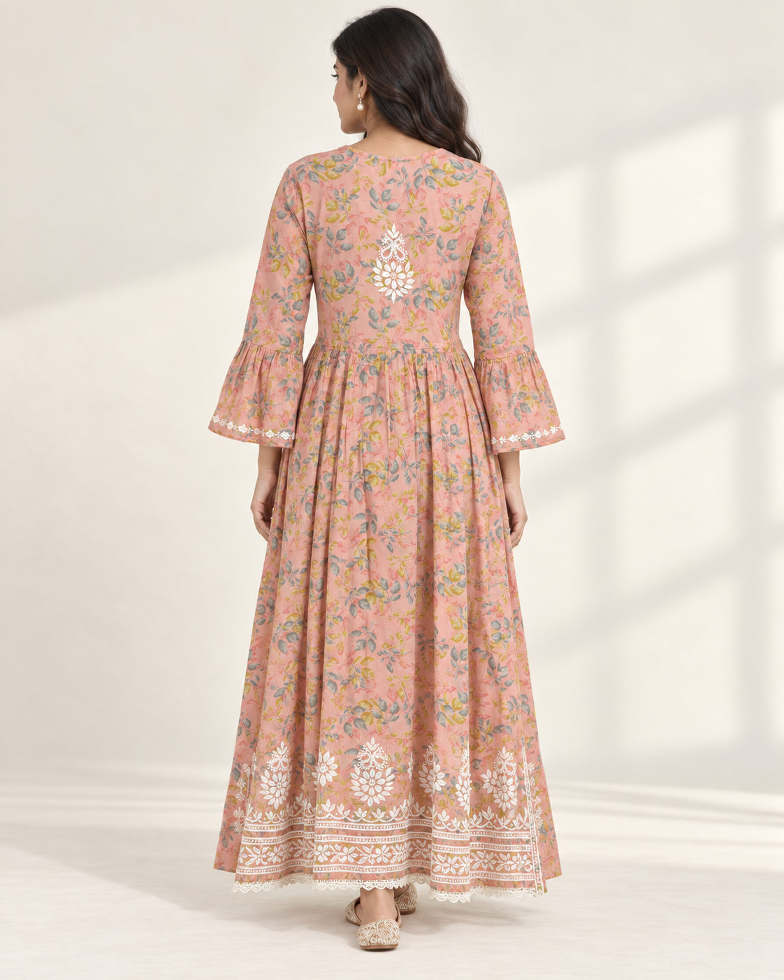 Peach Pink Floral Malmal Chikankari Gown with Kurti-Style Side Slits
