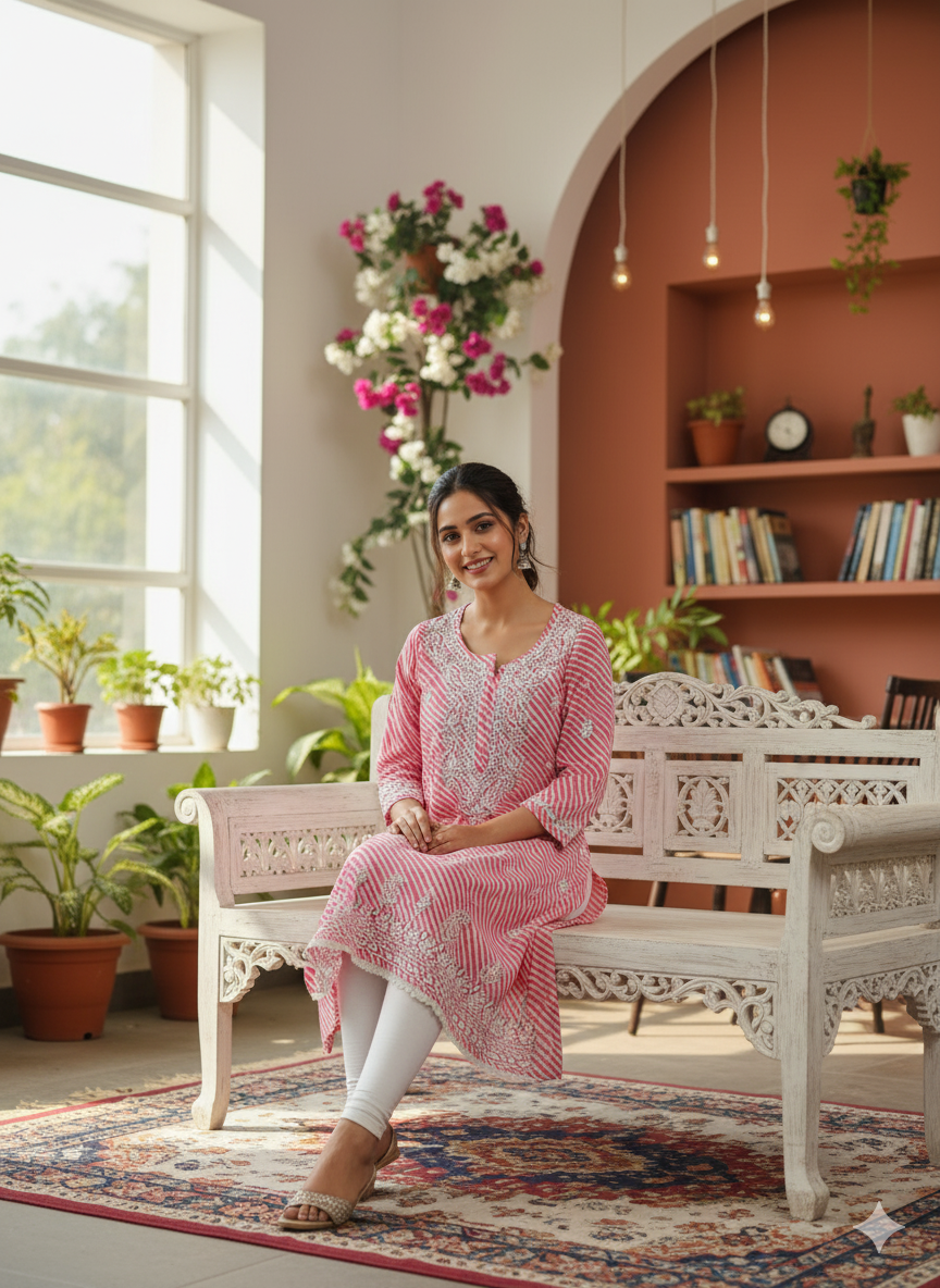 "Pink Printed Cotton Chikankari Kurti with White Hand Embroidery | Stylish Ethnic Wear for Women"