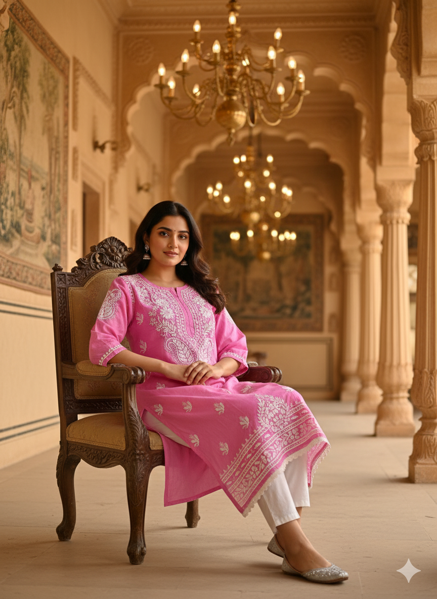 "Pink Modal Chikankari Kurti with White Hand Embroidery | Lucknowi Ethnic Wear for Women"