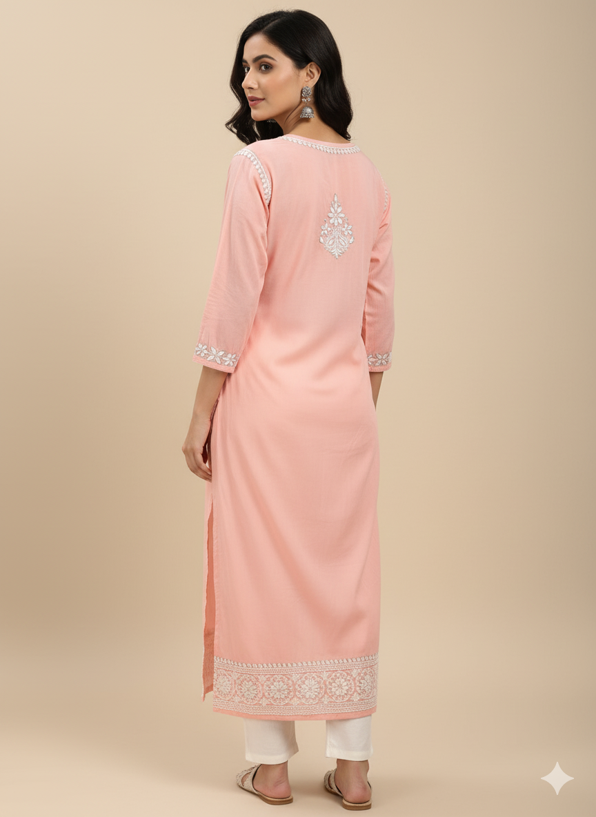 "Pink Modal Chikankari Kurti with White Hand Embroidery | Elegant Lucknowi Ethnic Wear for Women"