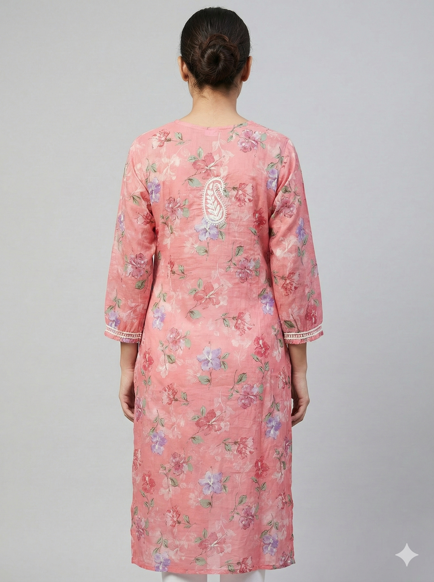 Pink Malmal Chikankari Kurti for Women | Pure Mulmul Cotton | Floral Printed Kurta with Hand Embroidery | Summer Wear Ethnic Kurti