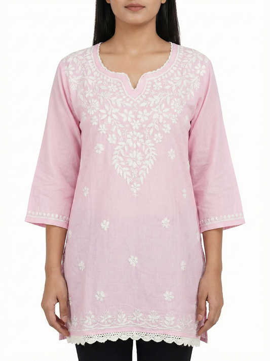 Baby pink modal Chikankari short kurti front view
