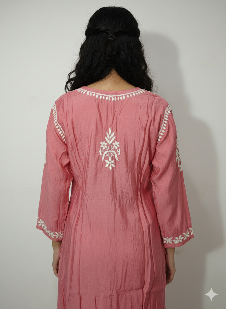 Lucknow Best Chikankari Women's Pink Silk Cotton Hand-Embroidered Kurti | Elegant Lucknowi Straight Kurta for Festive & Casual Wear