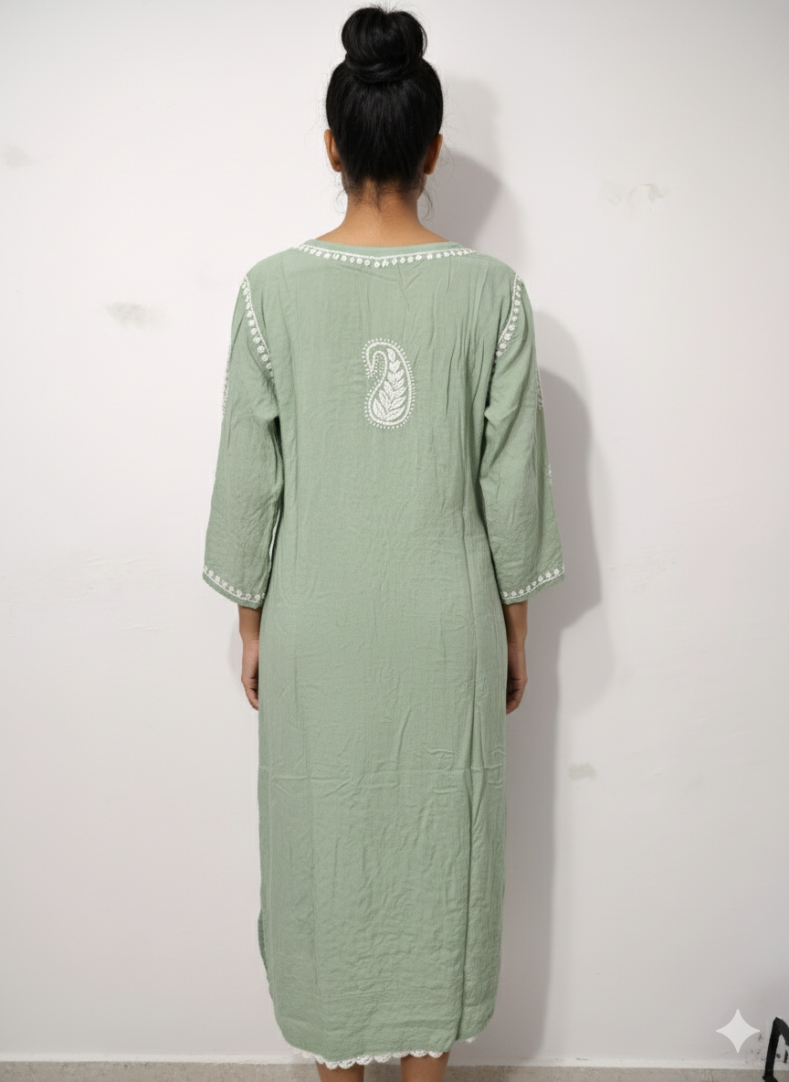 Lucknowi Chikankari Sage Green Cotton Kurti with White Embroidery | Handcrafted Women's Tunic