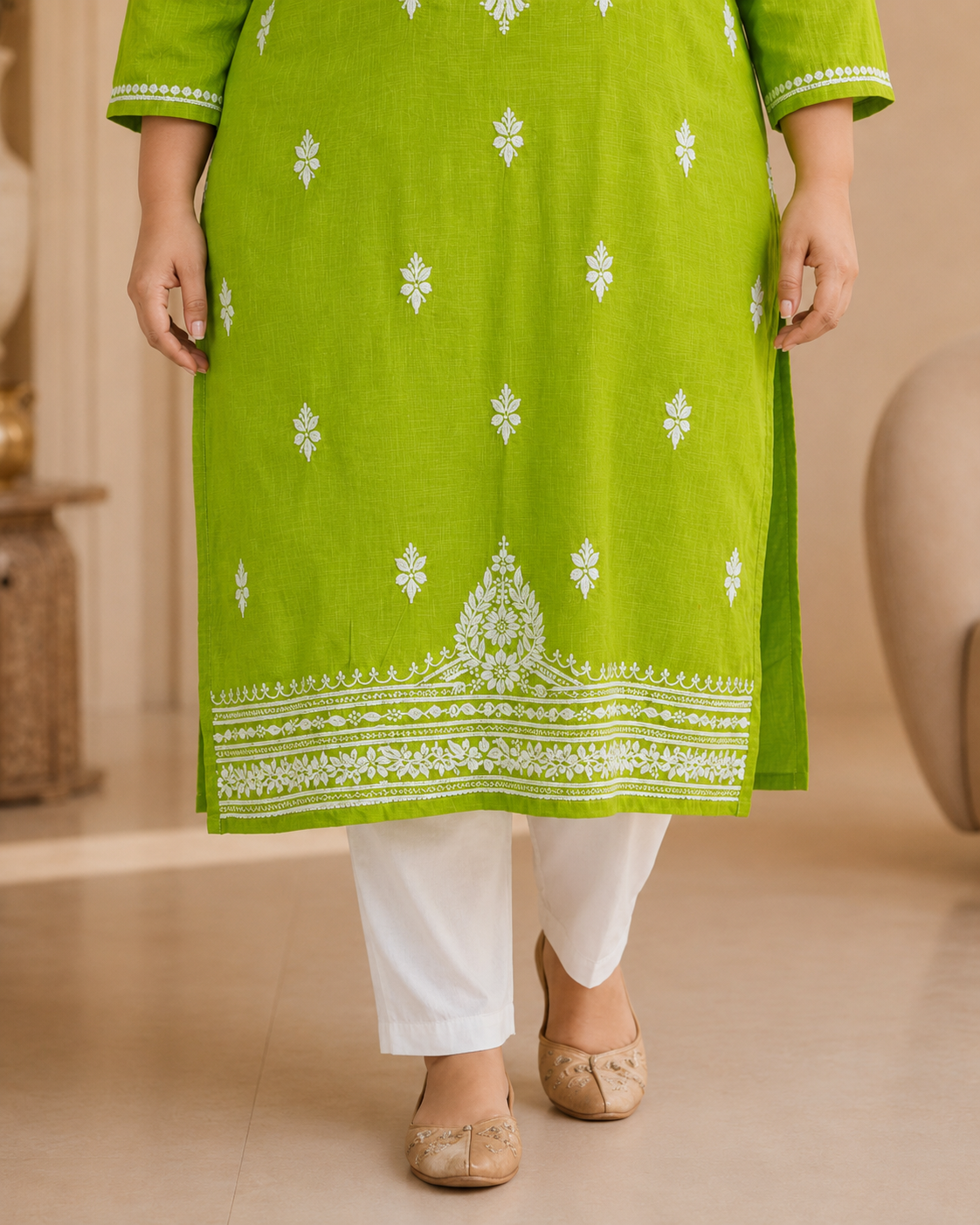 Plus Size Lime Green Cotton Chikankari Kurti (Size 48-54) | Lucknow Best Chikankari