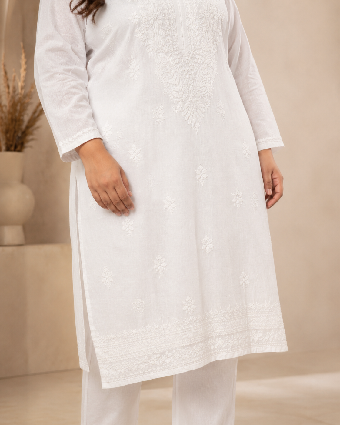 Plus Size Pure White Cotton Chikankari Kurti (Size 48-54)
