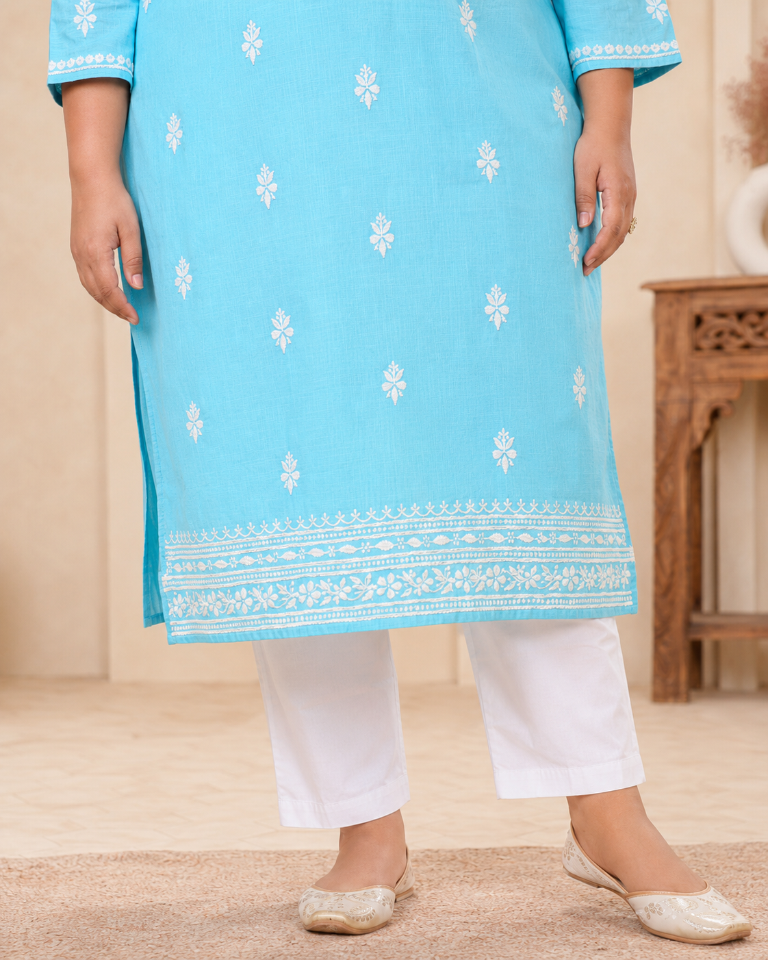Plus Size Sky Blue Cotton Chikankari Kurti (Size 48-54) | Lucknow Best Chikankari
