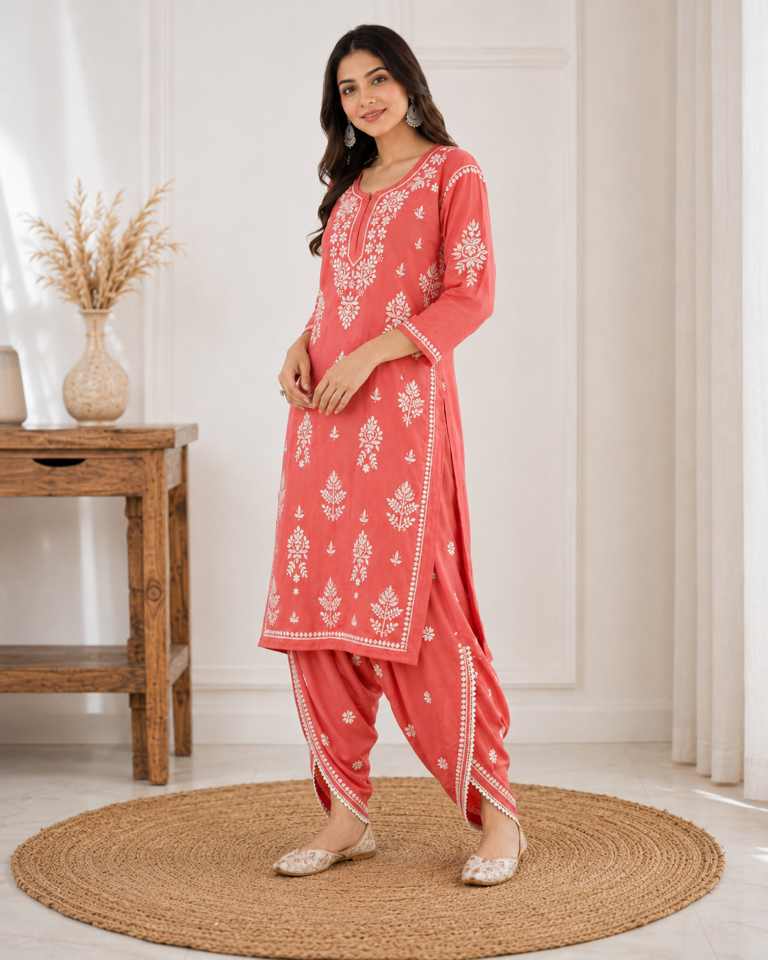 Premium Coral Pink Rayon Chikankari Kurta & Salwar Co-ord Set