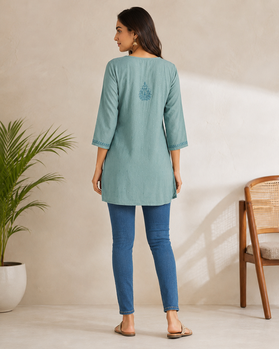 Premium Dusty Teal Rayon Chikankari Short Kurti for Women