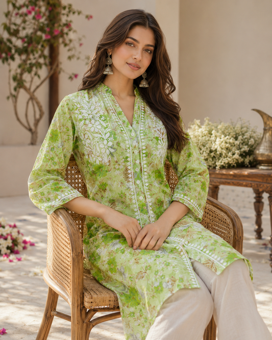 Premium Green Floral Printed Long Kurti with Embroidery & Pockets
