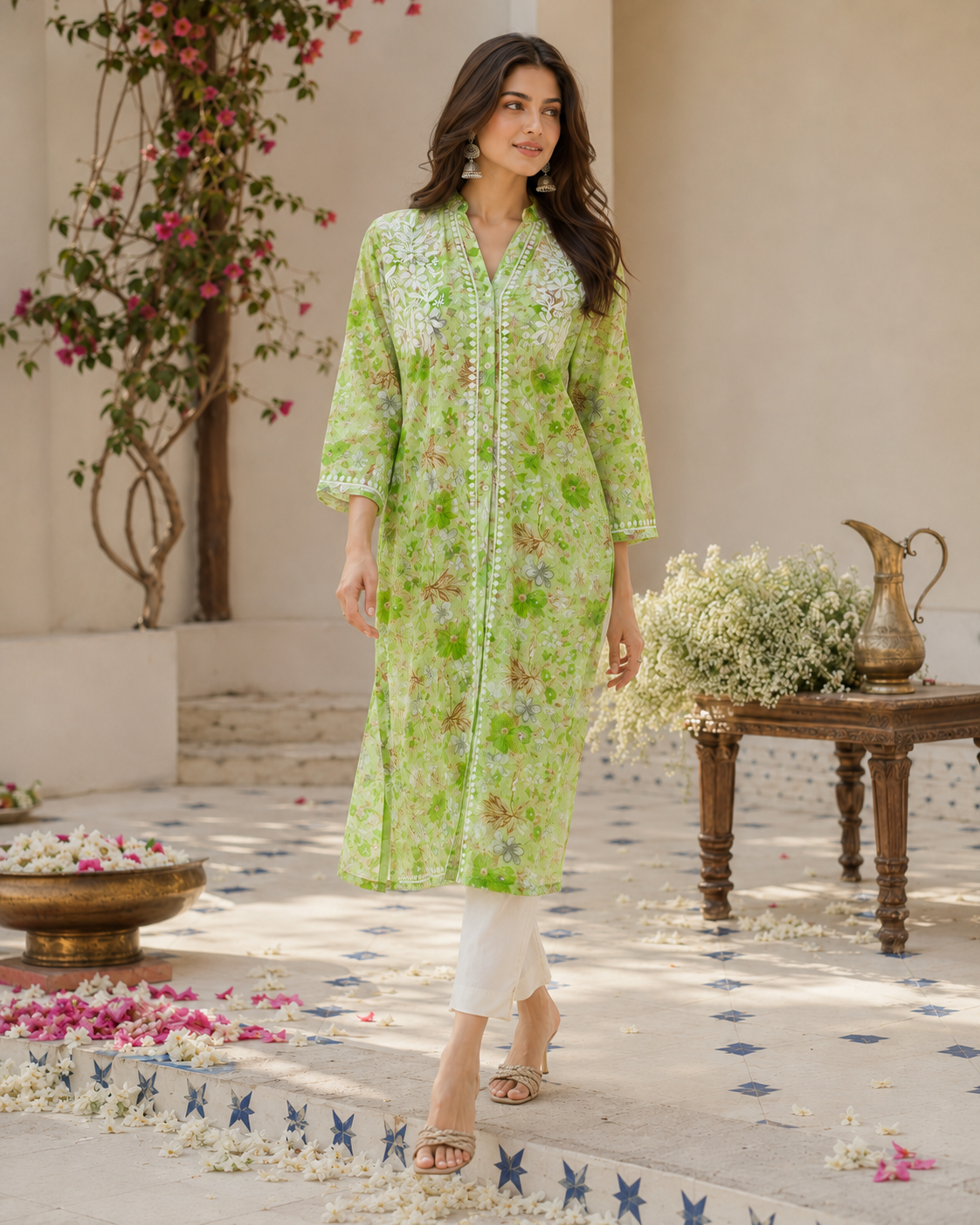 Premium Green Floral Printed Long Kurti with Embroidery & Pockets