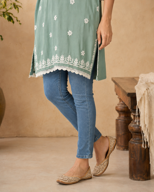 Premium Sage Green Modal Chikankari Short Kurti | Lucknow Best Chikankari