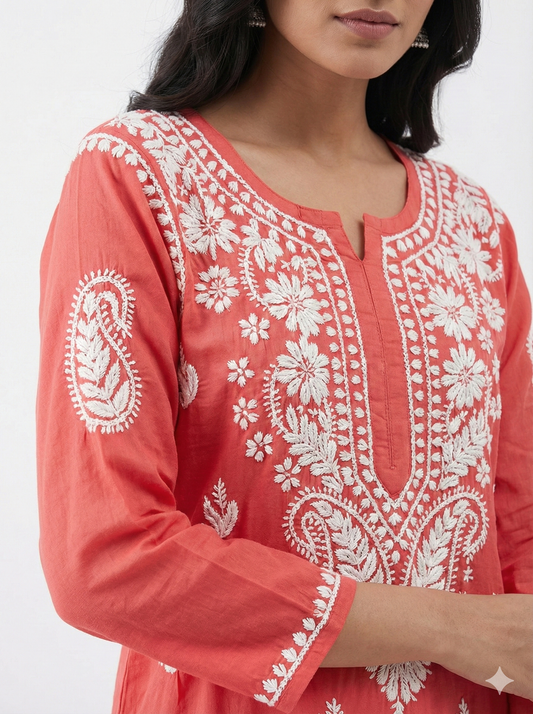 Coral red modal Chikankari kurti embroidery close up