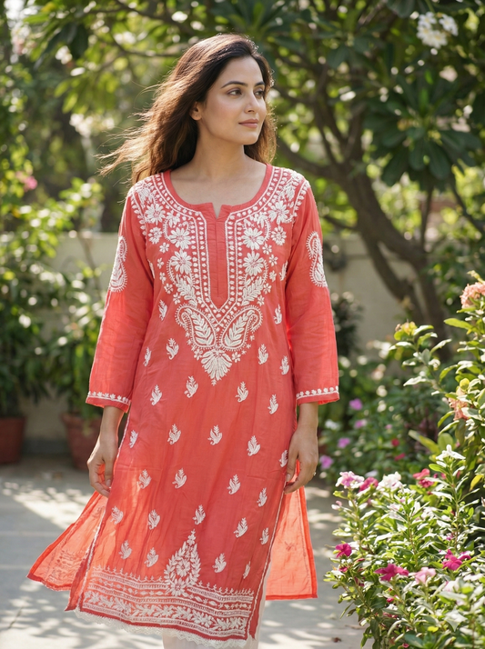 Coral red modal Chikankari kurti front view
