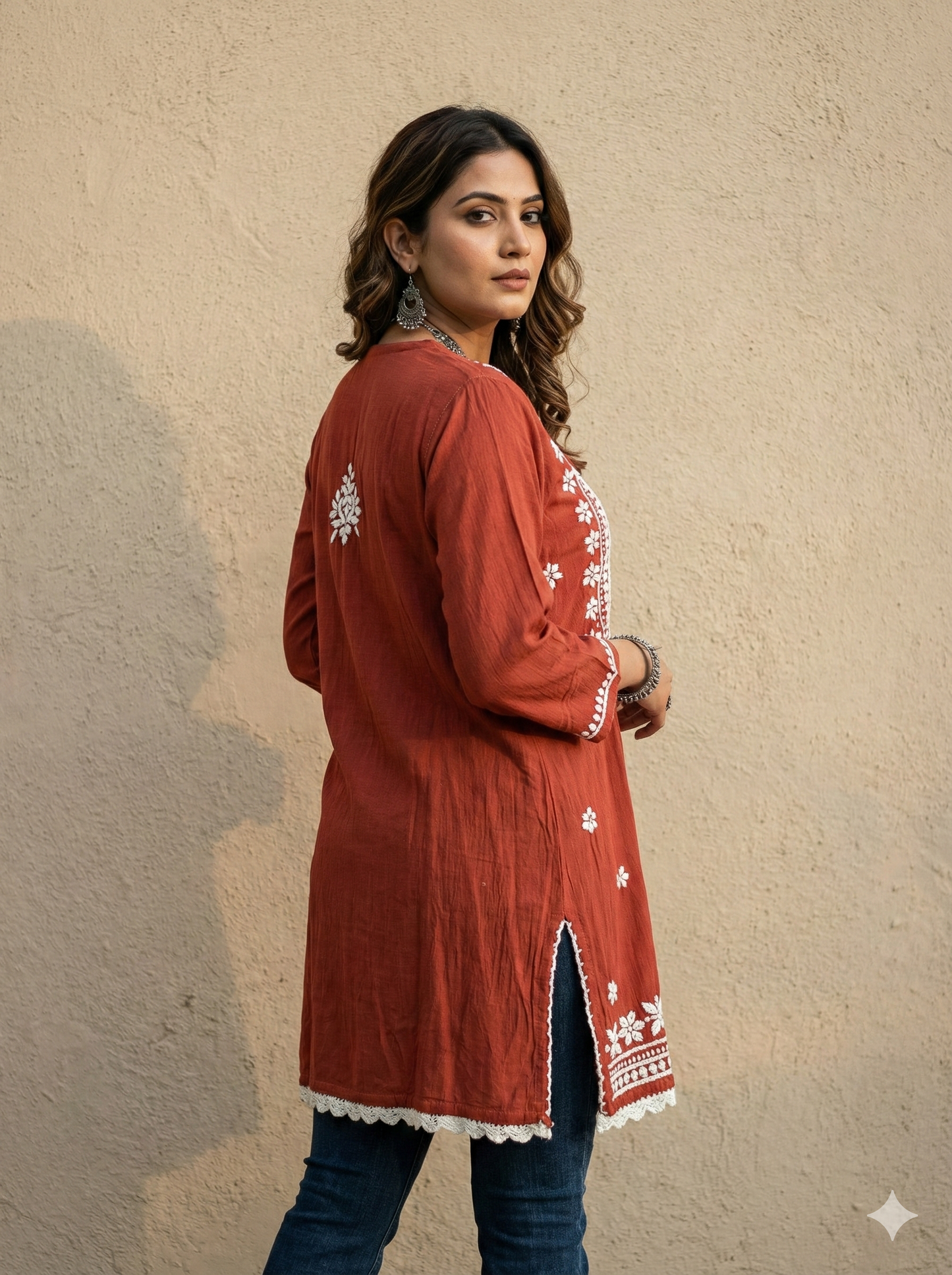 Red Rayon Short Chikankari Kurti for Women | Embroidered Casual Kurti with 3/4 Sleeves – Lucknow Best Chikankari