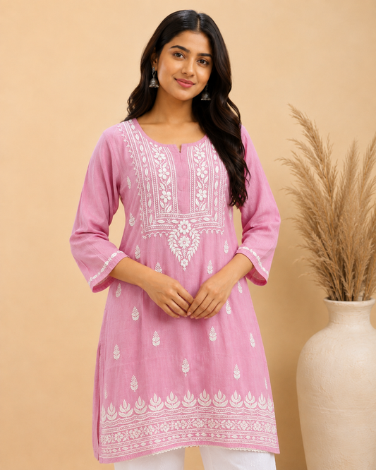 Rose Pink Rayon Lucknowi Chikankari Kurti for Women – Handmade White Embroidery