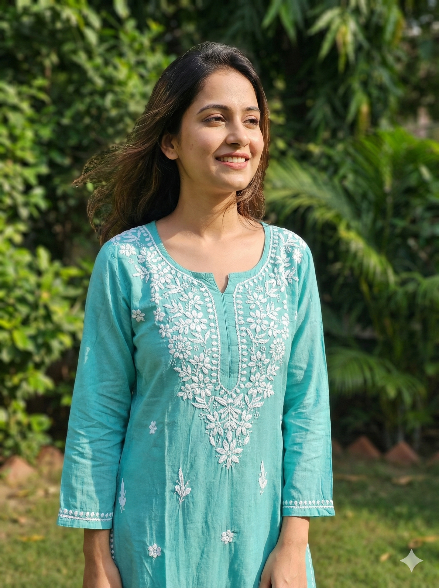 Aqua Green Rayon Chikankari Kurti for Women | Hand Embroidered Lucknowi Kurta – Lucknow Best Chikankari