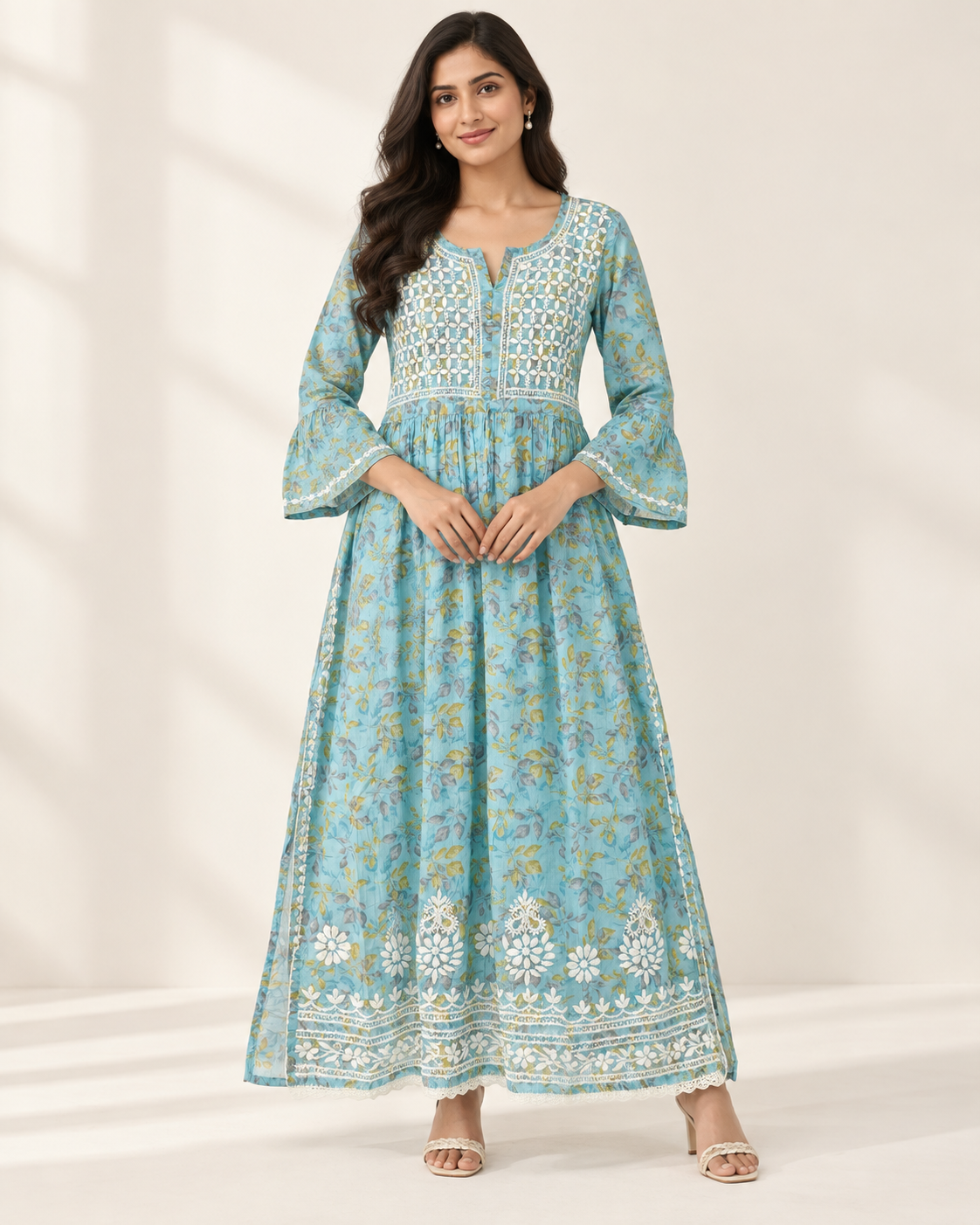 Sky Blue Floral Malmal Chikankari Gown-Style Long Kurti