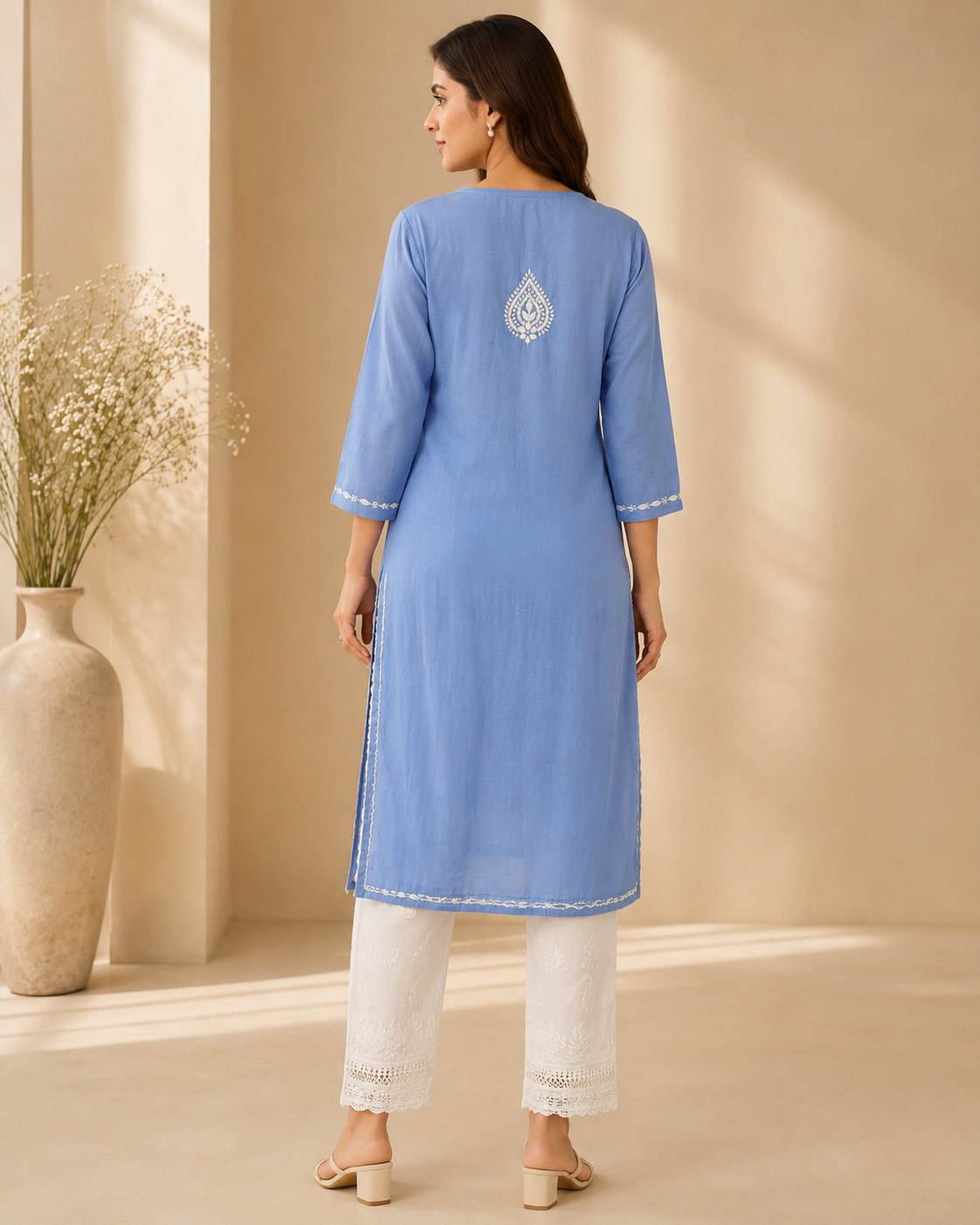 Sky Blue Rayon Lucknowi Chikankari Kurti for Women – Handmade White Embroidery