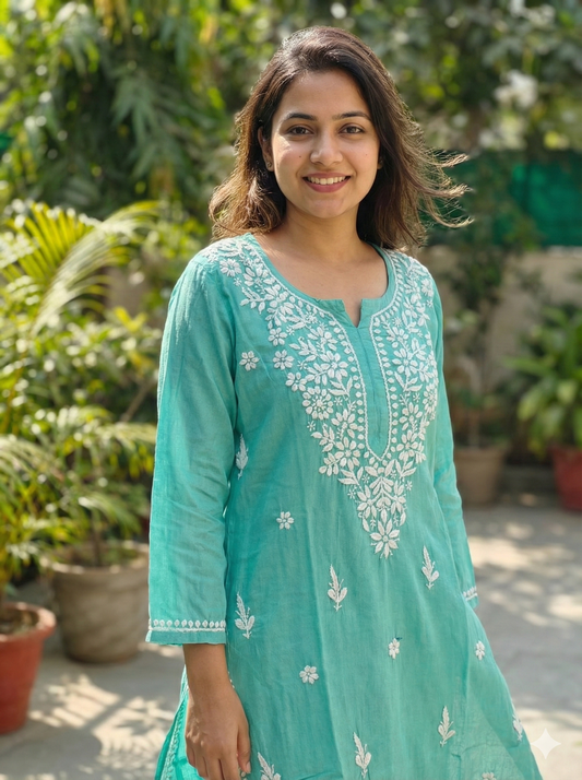 Sky blue rayon Chikankari kurti embroidery close up