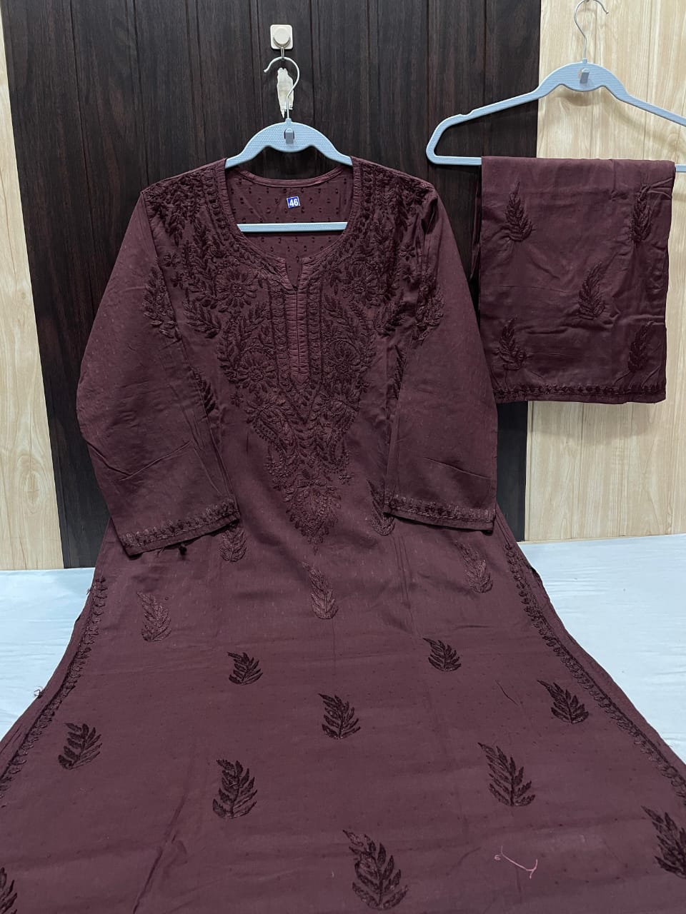Women's Maroon Cotton Kurti Set with Embroidery & Dupatta