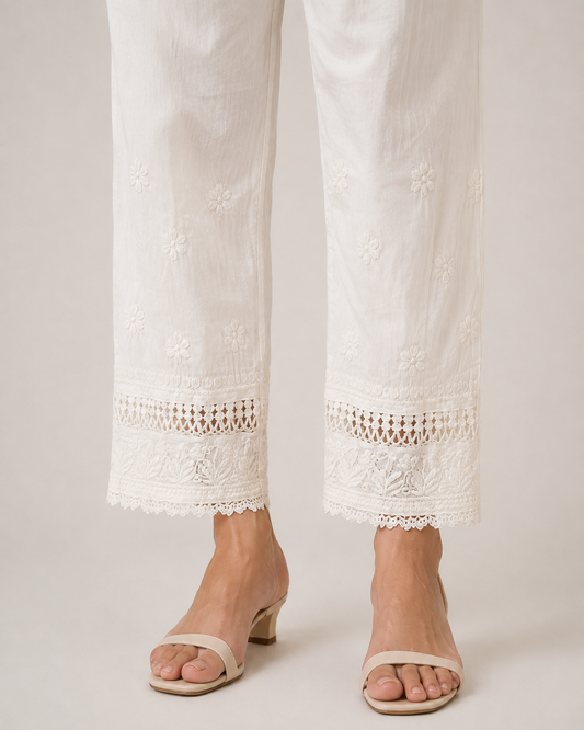 White Lucknowi Chikankari Pant for Women with Cutwork Lace Hem