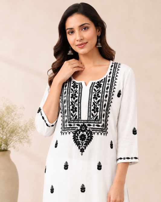 White Rayon Lucknowi Chikankari Kurti with Black Embroidery for Women