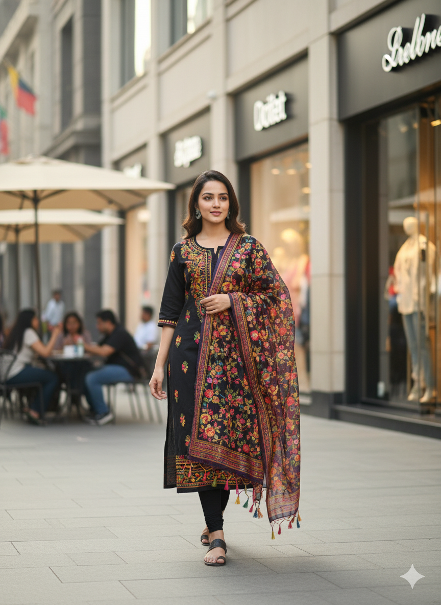 "Black Cotton Embroidered Kurti with Multicolor Floral Work | Festive & Party Wear Ethnic Kurta for Women"