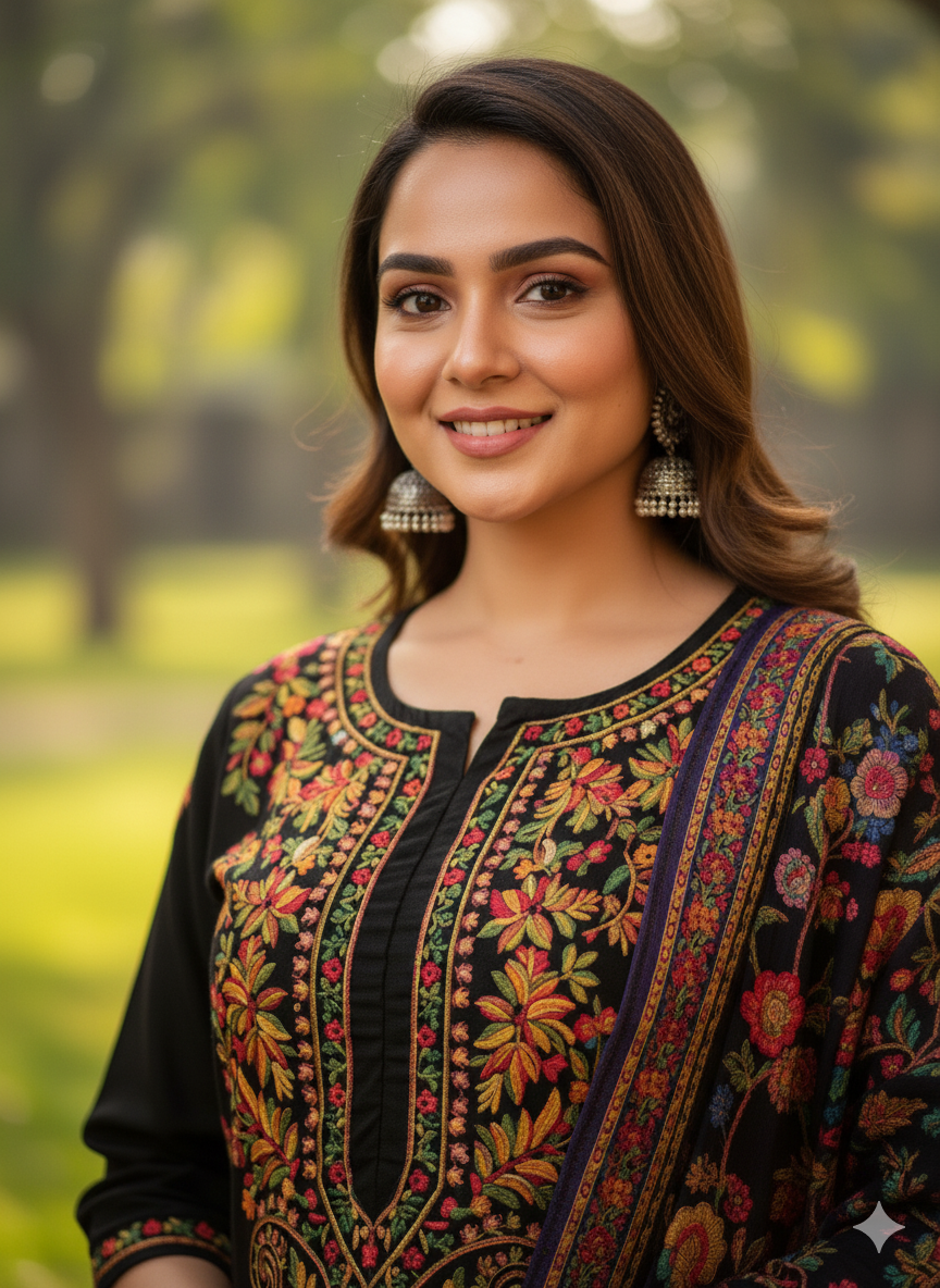 "Black Cotton Embroidered Kurti with Multicolor Floral Work | Festive & Party Wear Ethnic Kurta for Women"