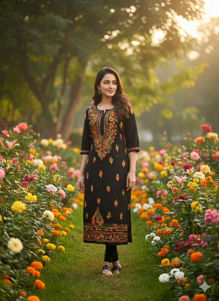 "Black Cotton Embroidered Kurti with Multicolor Floral Work | Festive & Party Wear Ethnic Kurta for Women"