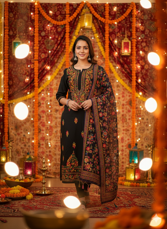 "Black Cotton Embroidered Kurti with Multicolor Floral Work | Festive & Party Wear Ethnic Kurta for Women"