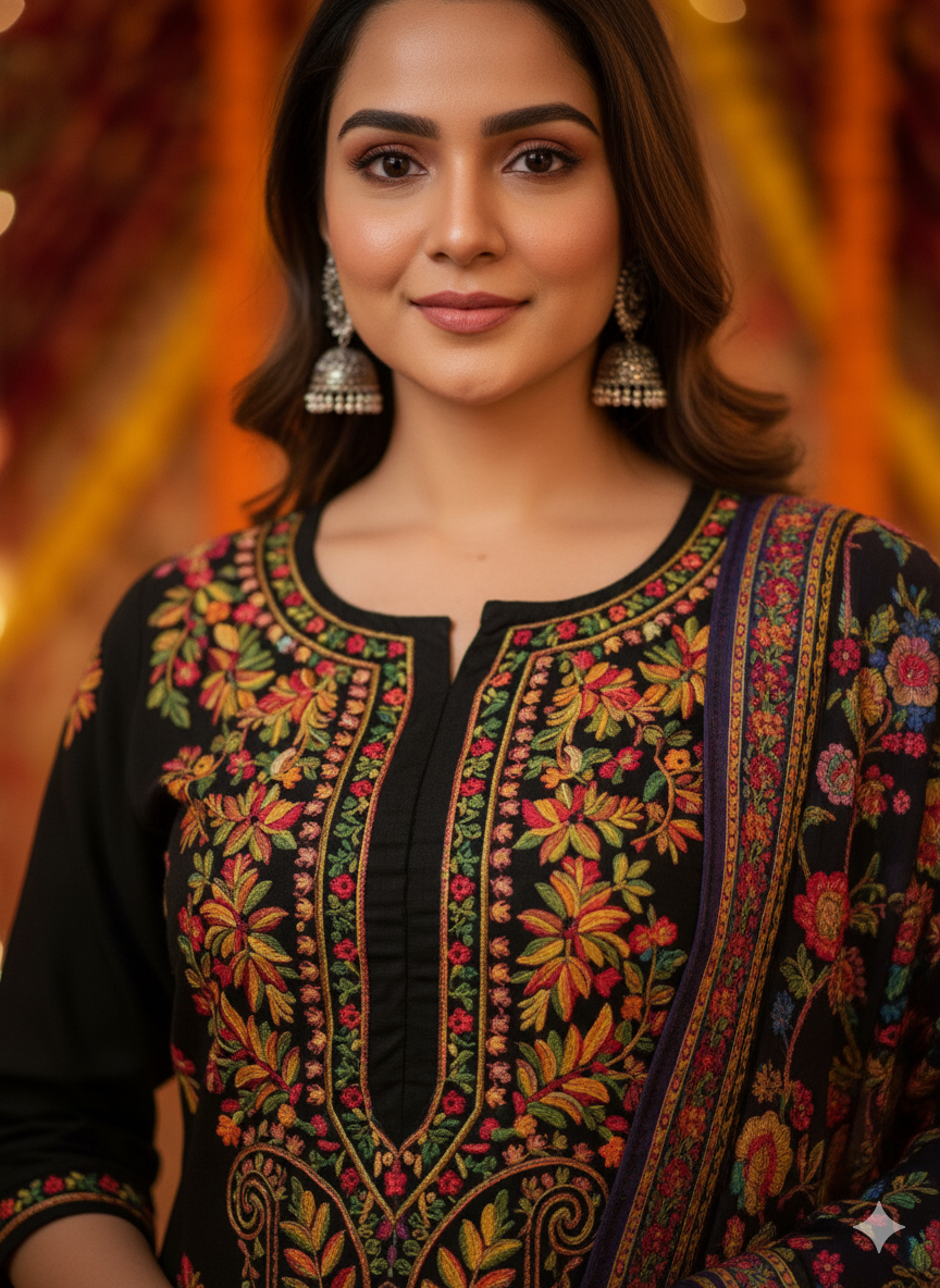 "Black Cotton Embroidered Kurti with Multicolor Floral Work | Festive & Party Wear Ethnic Kurta for Women"