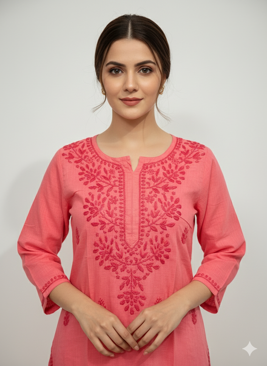 Pink cotton Lucknowi Chikankari kurti embroidery close up