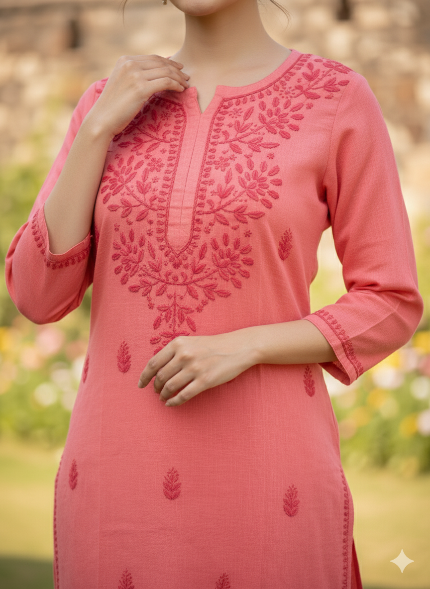 Women’s Handcrafted Pink Cotton Chikankari Kurti – Lucknowi Embroidery, 34th Sleeve Ethnic Wear for Office & Casual Outfits