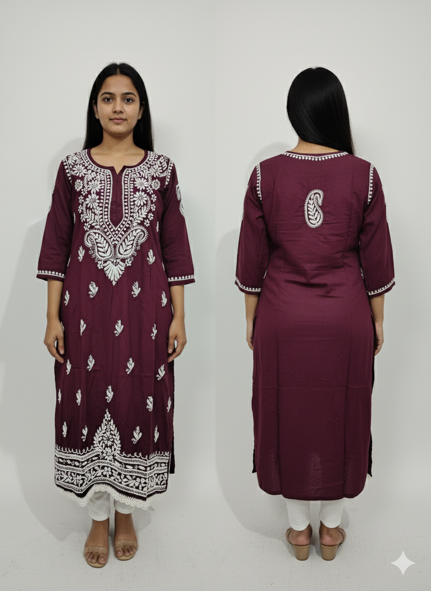 Women's Maroon Chikankari Kurti with White Hand Embroidery Pure Cotton Ethnic Wear for Casual & Festive