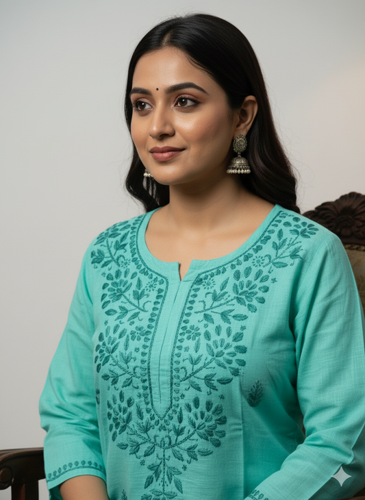 Sea green cotton Chikankari kurti embroidery close up