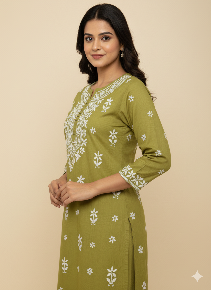 Women’s Pure Cotton Green Chikankari Kurti with White Hand Embroidery – Lucknowi Ethnic Wear for Casual & Festive Use