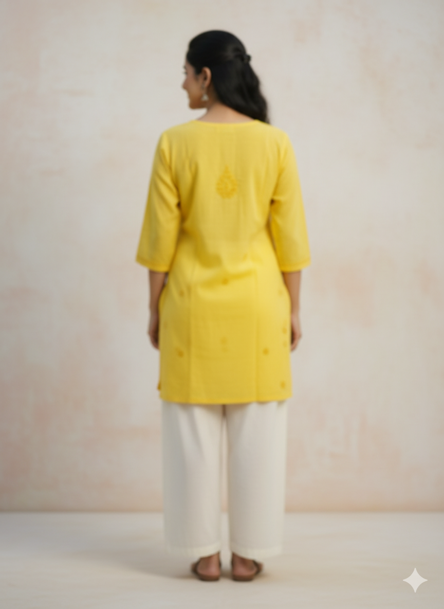 Women’s Yellow Cotton Short Chikankari Kurti | Hand Embroidered Lucknowi Kurta Top for Jeans & Pants