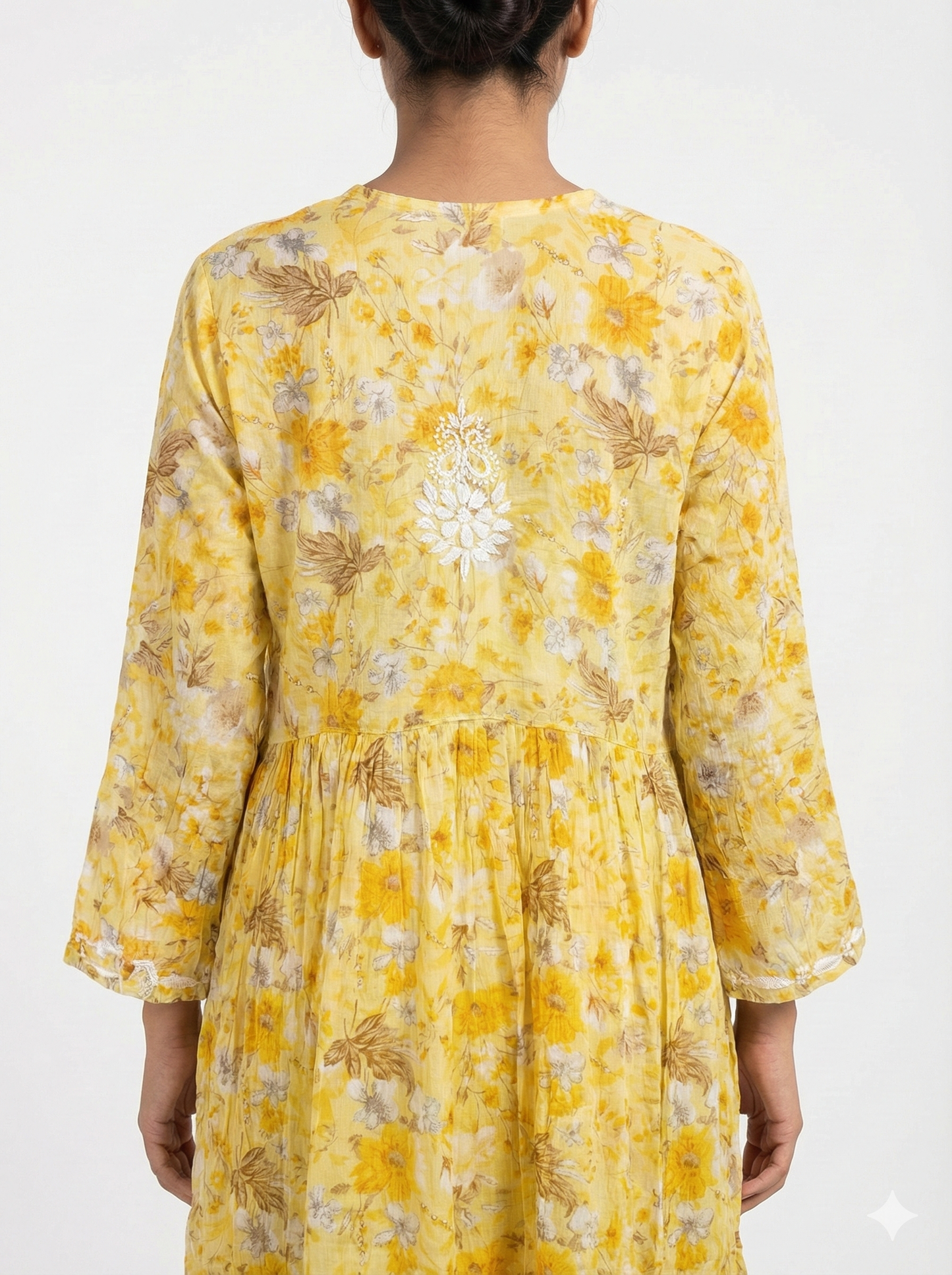 Yellow Floral Chikankari Kurti in Soft Malmal – Handcrafted Lucknow Chikan Work