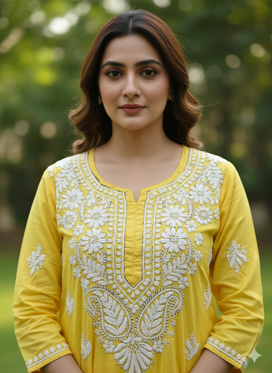 Yellow cotton Lucknowi Chikankari kurti embroidery close up