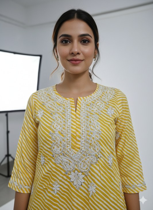 Yellow printed cotton Chikankari kurti embroidery close up