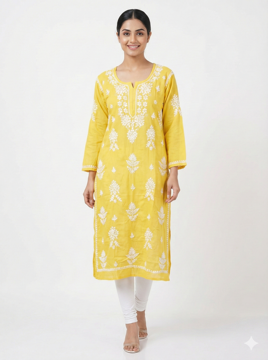 Yellow rayon Chikankari kurti front view