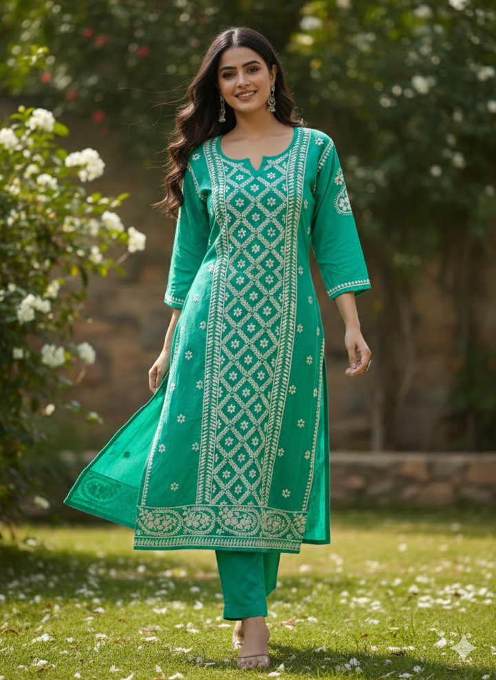 Light teal blue hand-embroidered Chikankari suit set