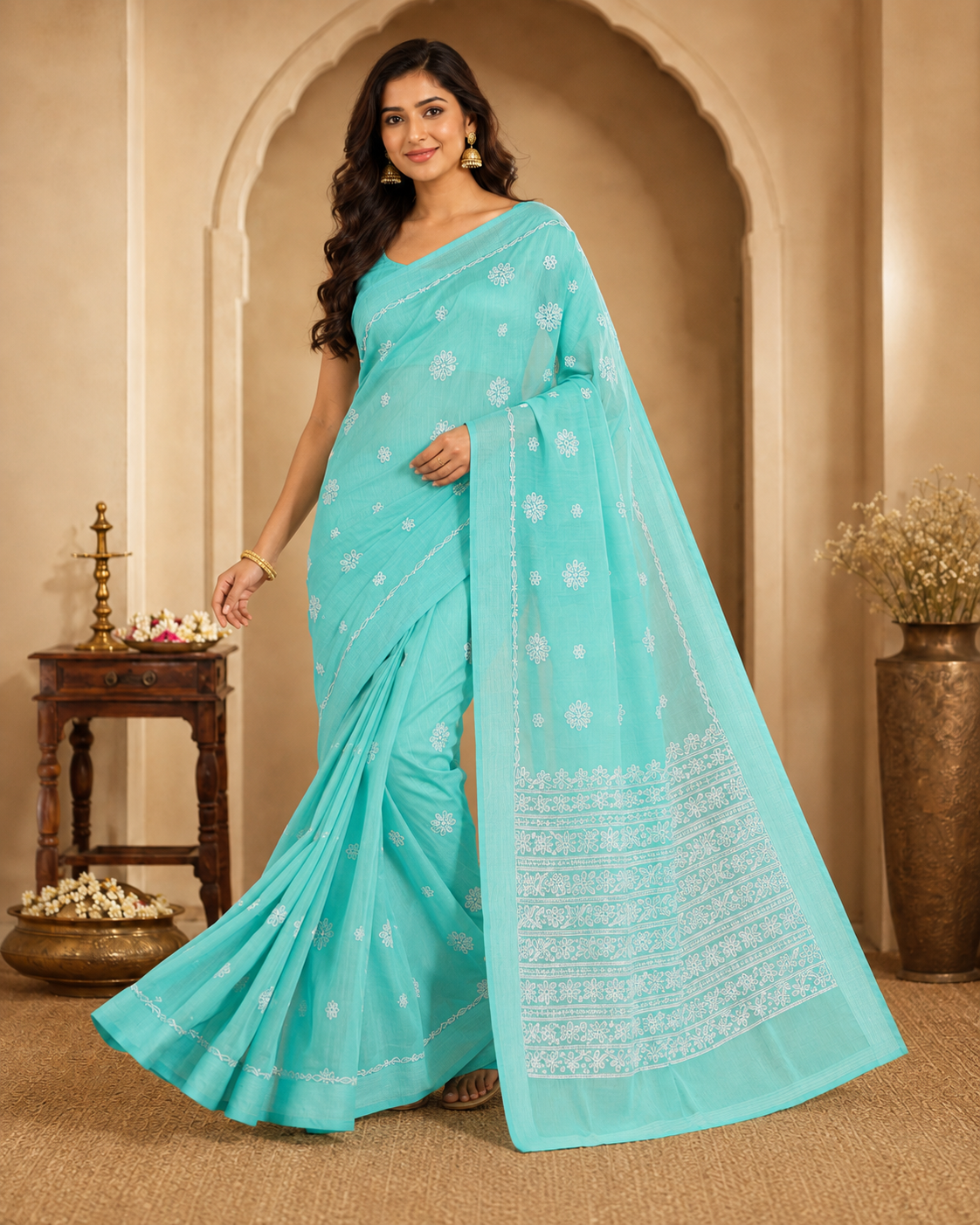 Aqua Green Chanderi Chikankari Saree – Hand Embroidered
