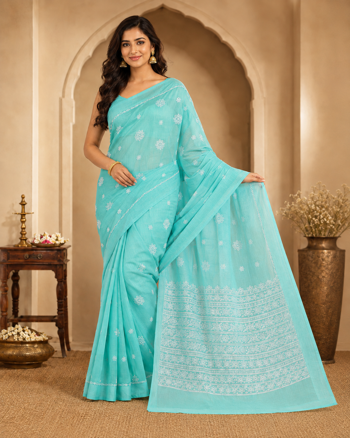 Aqua Green Chanderi Chikankari Saree – Hand Embroidered